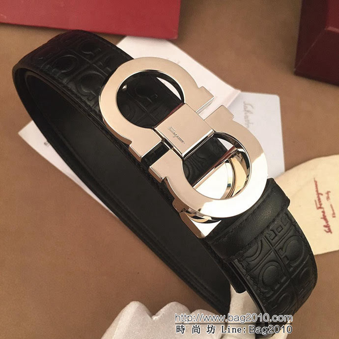 Ferragamo菲拉格慕 雙面牛皮紮雙排花紋 精鋼扣 復古風格 男士皮帶  xfp1174
